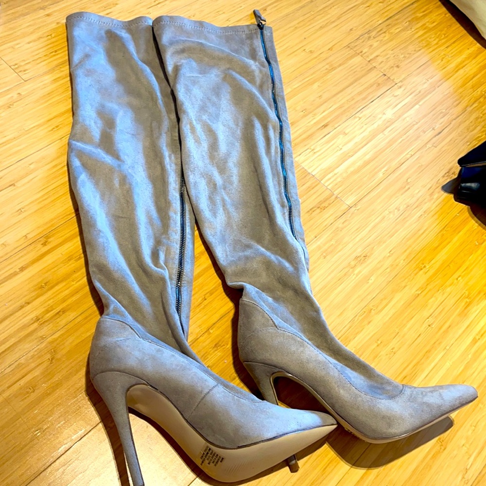 COPY - Faux suede beige/gray heeled stockings-boo…